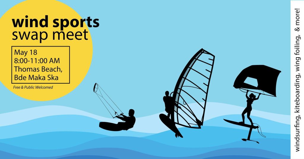 Wind Sports Swap meet flyer with images of a kitesurfer, a windsurfer, and a wing foiler.